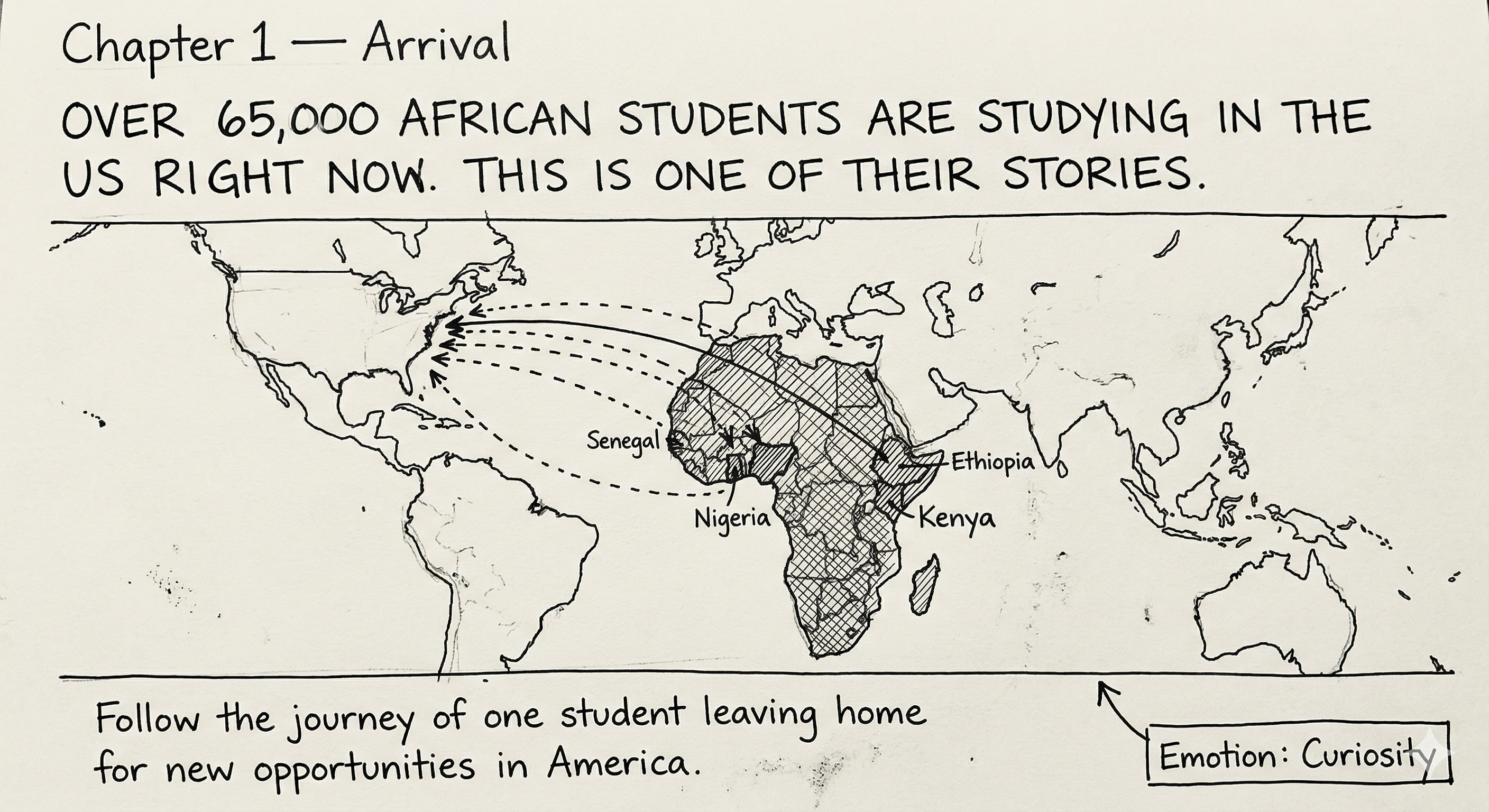 Chapter 1 sketch: world map showing African student origin countries with dashed lines pointing to the US