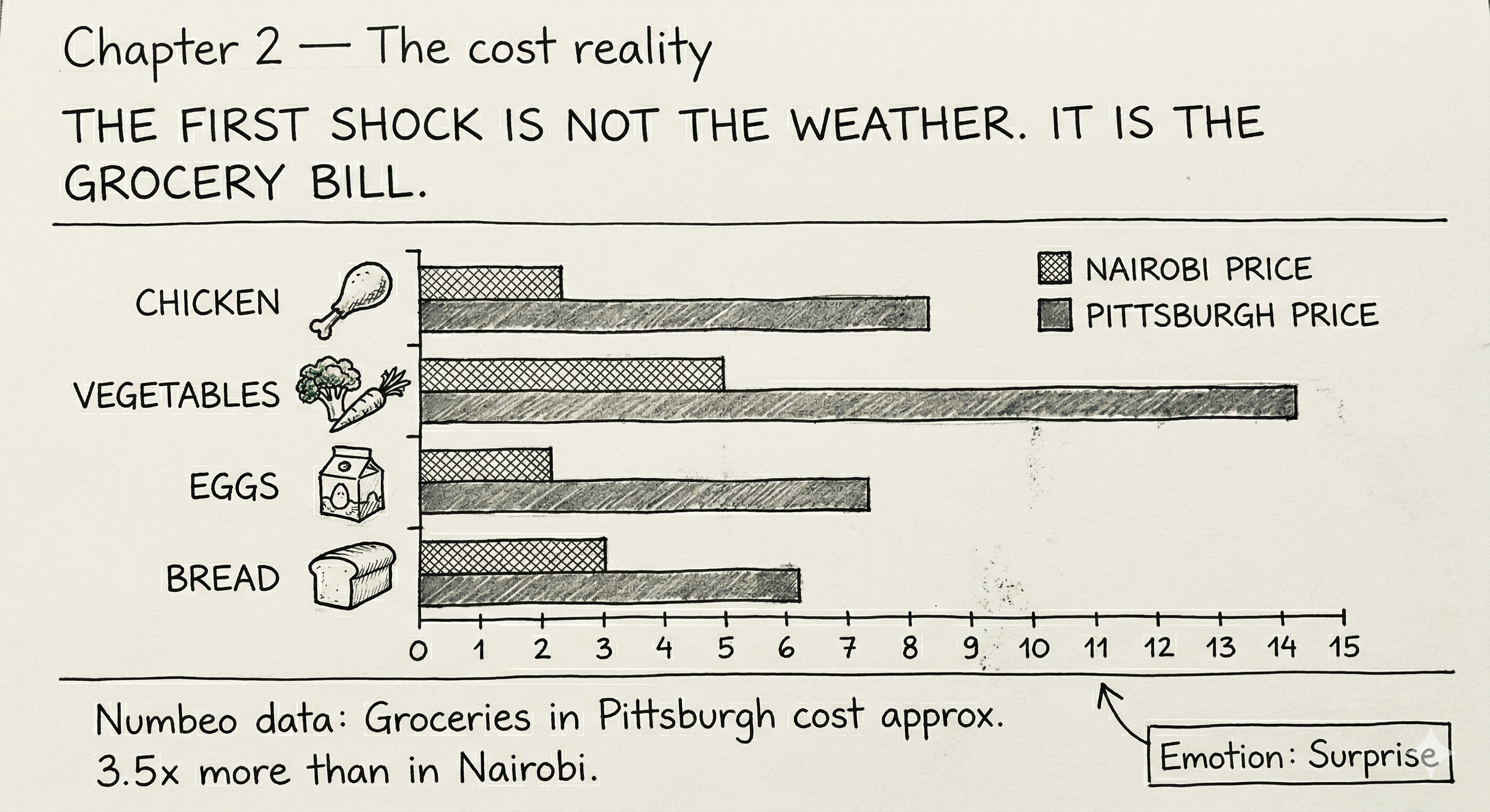 Chapter 2 sketch: horizontal bar chart comparing food prices in Nairobi vs Pittsburgh
