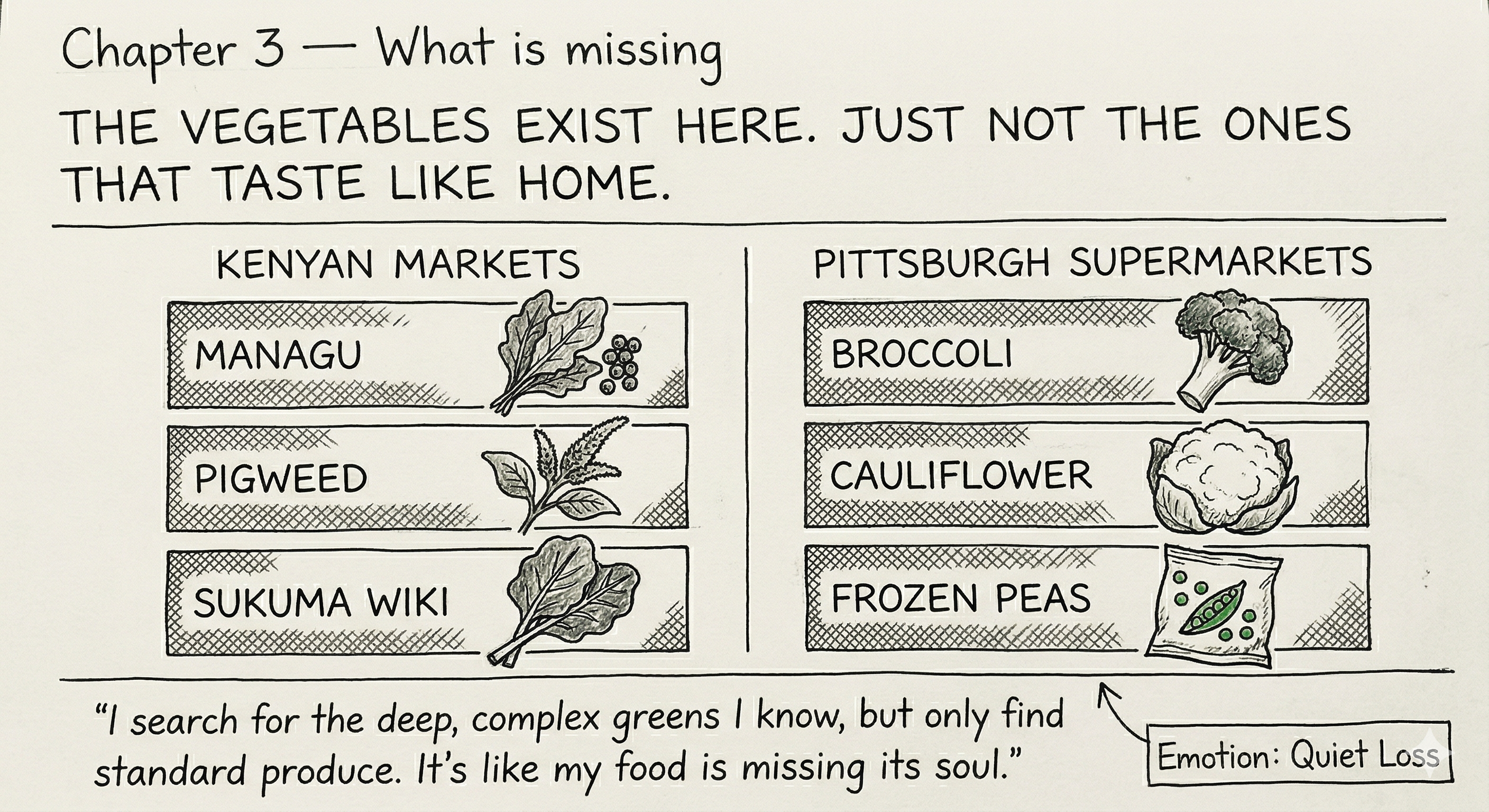 Chapter 3 sketch: side by side comparison of Kenyan market vegetables vs Pittsburgh supermarket vegetables