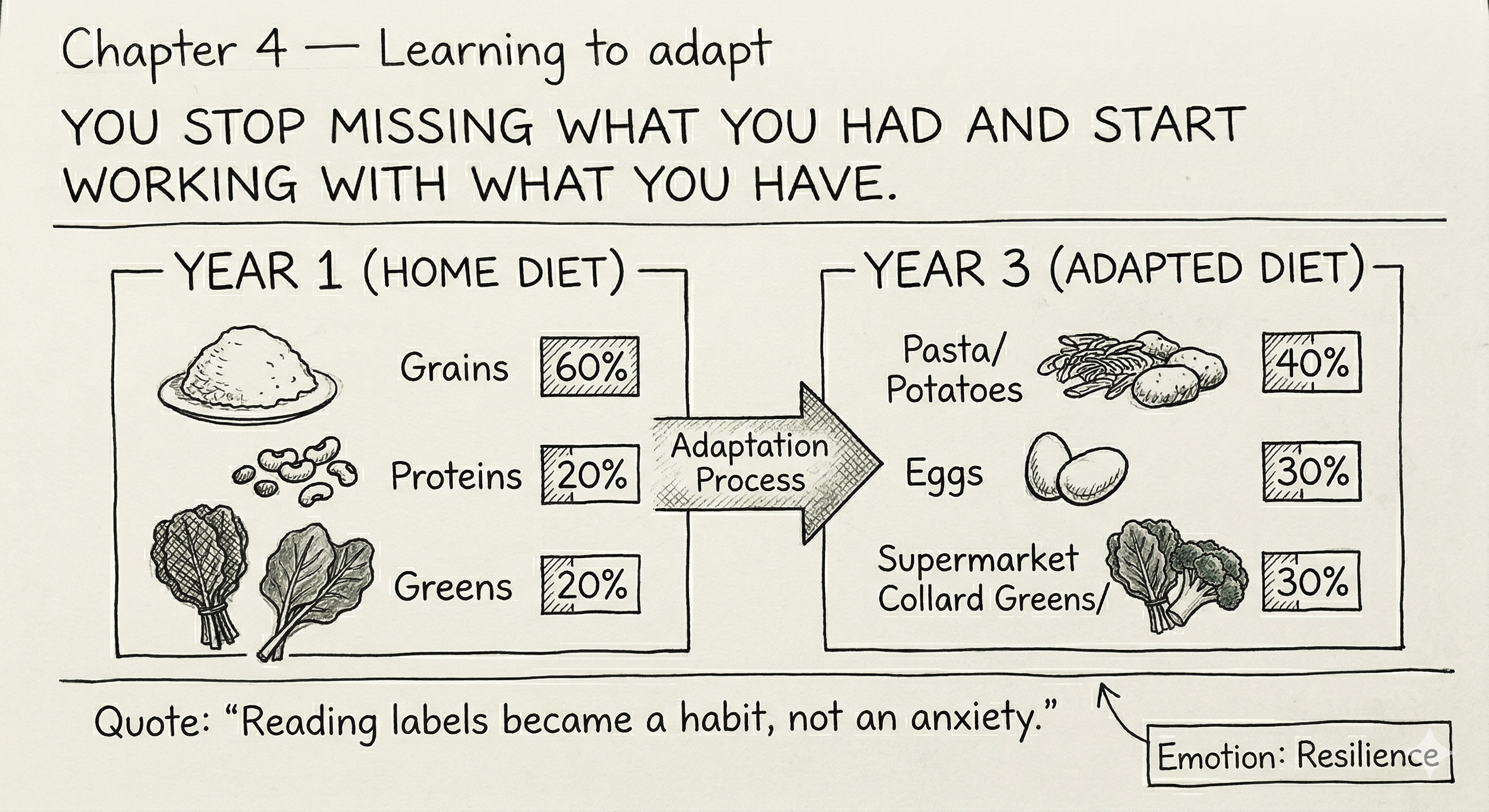 Chapter 4 sketch: before and after comparison showing home diet vs adapted diet with percentages