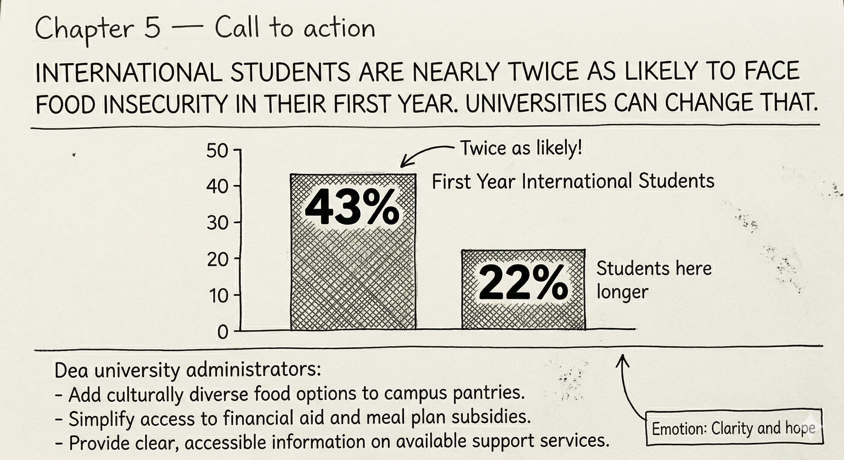 Chapter 5 sketch: bar chart showing 43% food insecurity among first year international students vs 22% for longer-term students, with three recommendations for university administrators